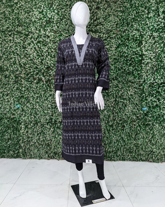 Black Grey Tribal Theme Odisha Ikat Designer Cotton Kurti for Women