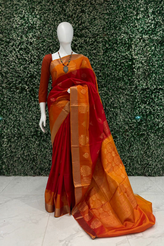 Red With Orange Pallu Pure South Soft Silk Saree