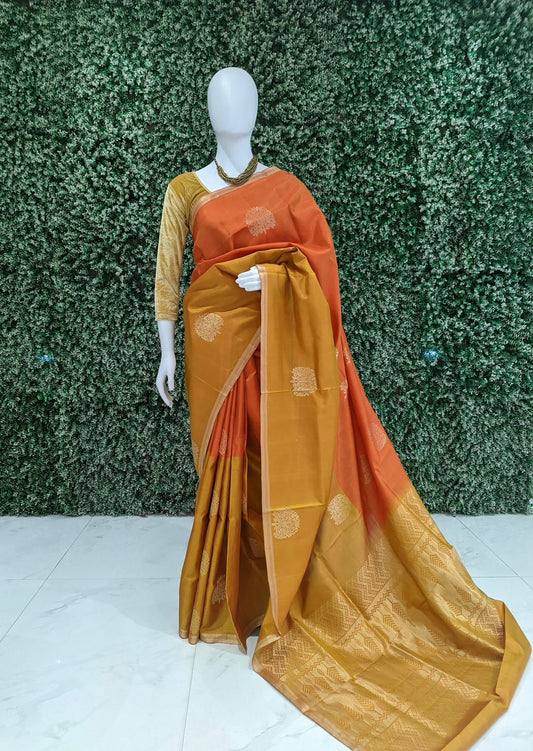 Orange Gold South Handloom Kanjivaram Soft Silk Saree