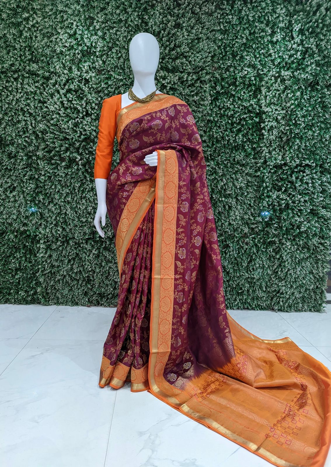 Maroon Orange Pure Kanjivaram Soft Silk Saree