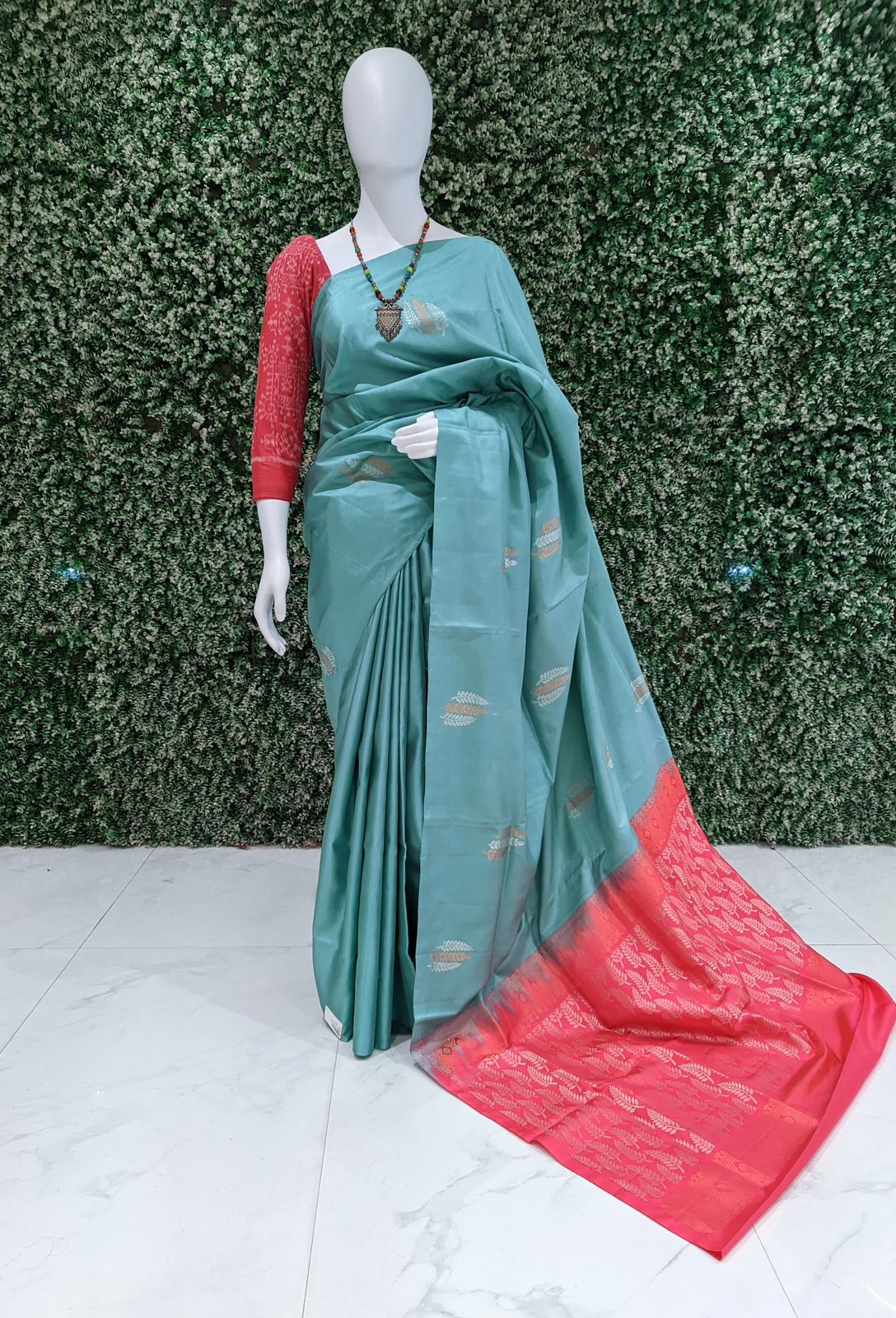 Sea Green With Pink Pure Kanjivaram Soft Silk Saree