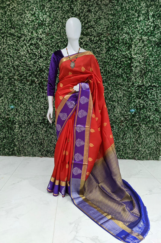 Red Blue Pure Kanjivaram Soft Silk Saree