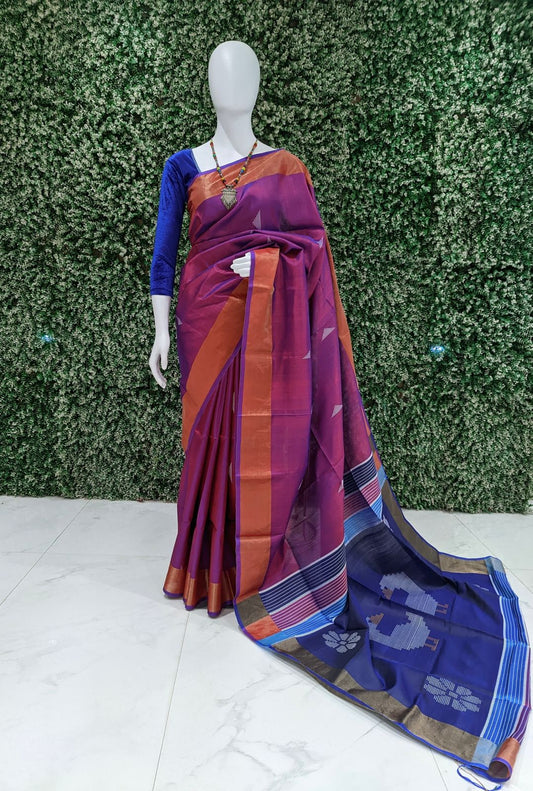 Navy Blue With Maroon Handwoven Bishnupuri Silk Saree