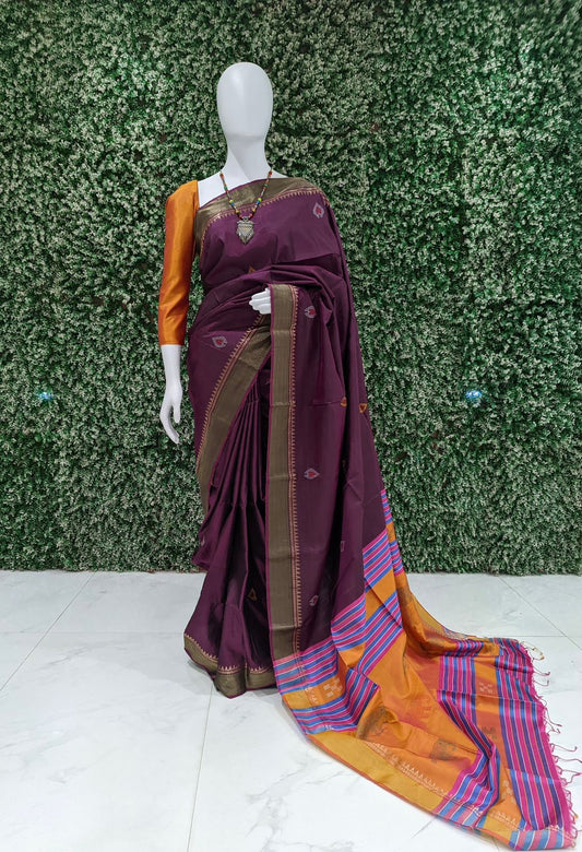 Burgundy With Light Orange Handwoven South Bishnupuri Silk Saree