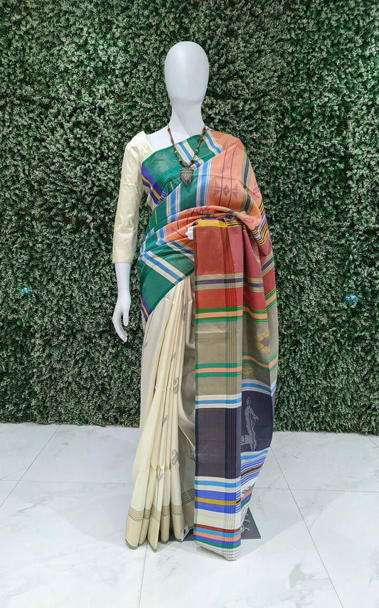 Cream With Multicolor Handwoven South Soft Silk Saree