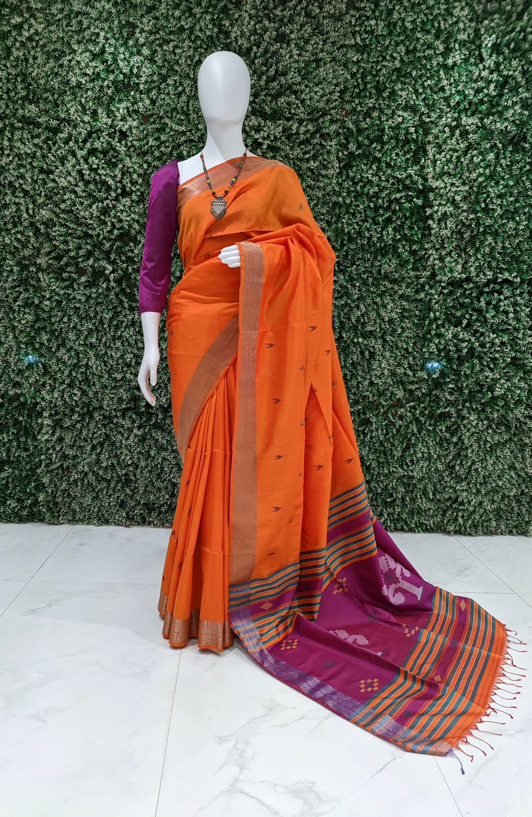 Rani With Golden Orange Handwoven South Soft Silk Saree