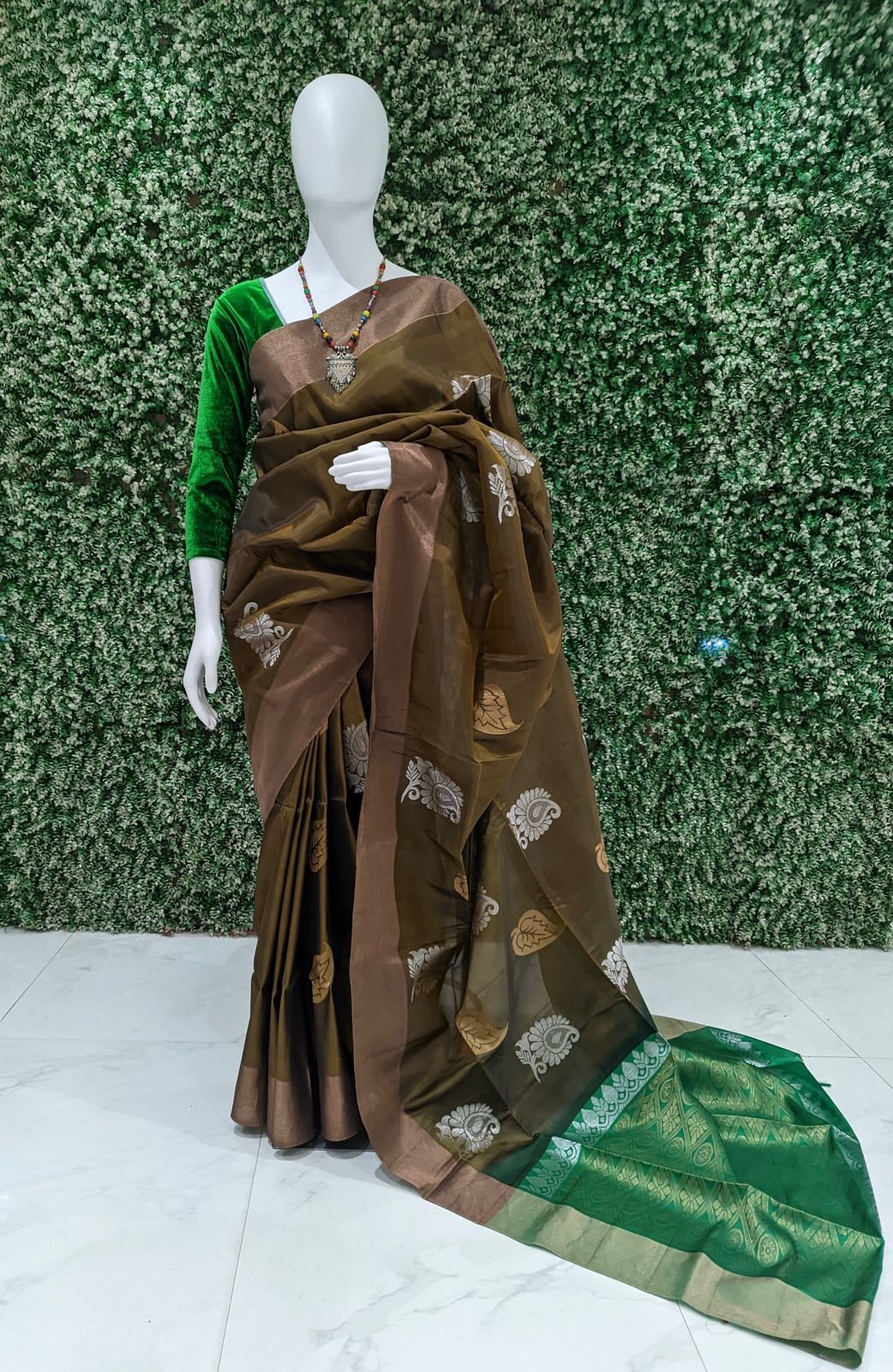 Brown With Green Handwoven South Soft Silk Saree