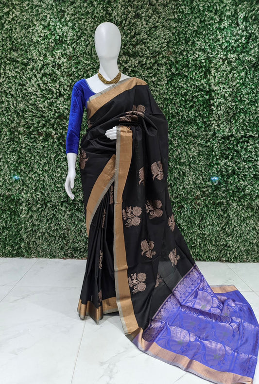 Black Blue Handwoven South Soft Silk Saree