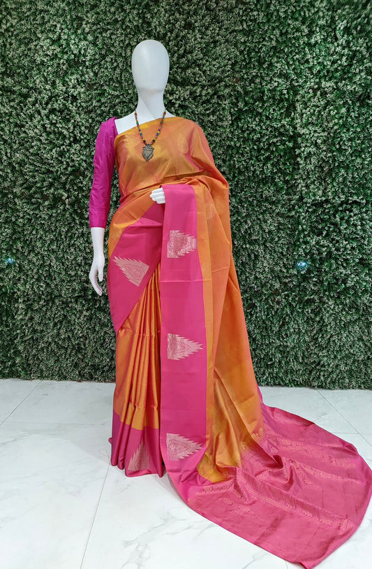 Golden Pink Pure Kanjivaram Soft Silk Saree