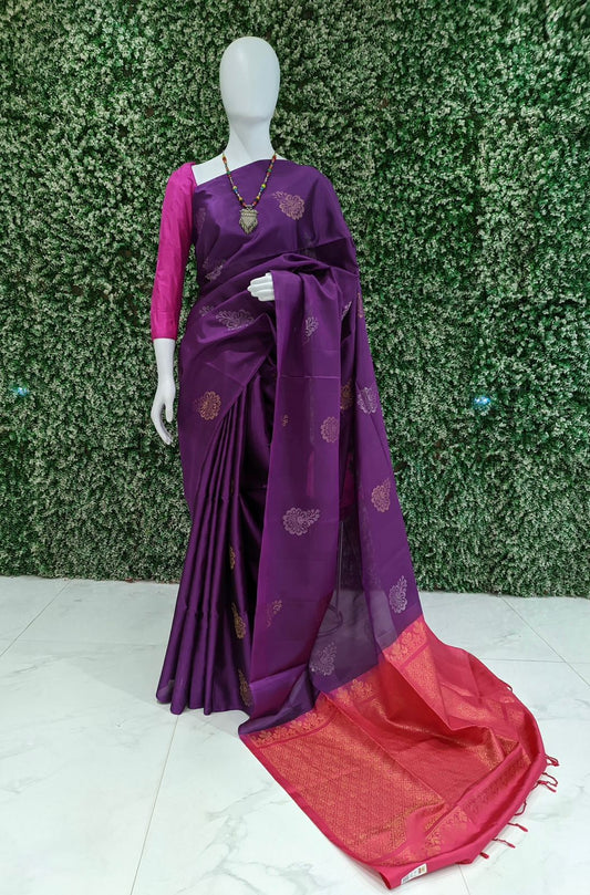 Purple With Pink Pure Kanjivaram Soft Silk Saree