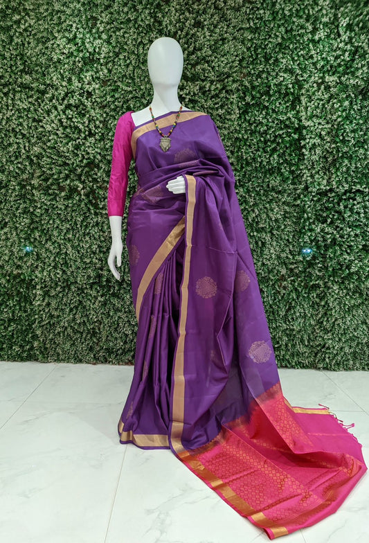 Purple With Pink Pure Kanjivaram Soft Silk Saree