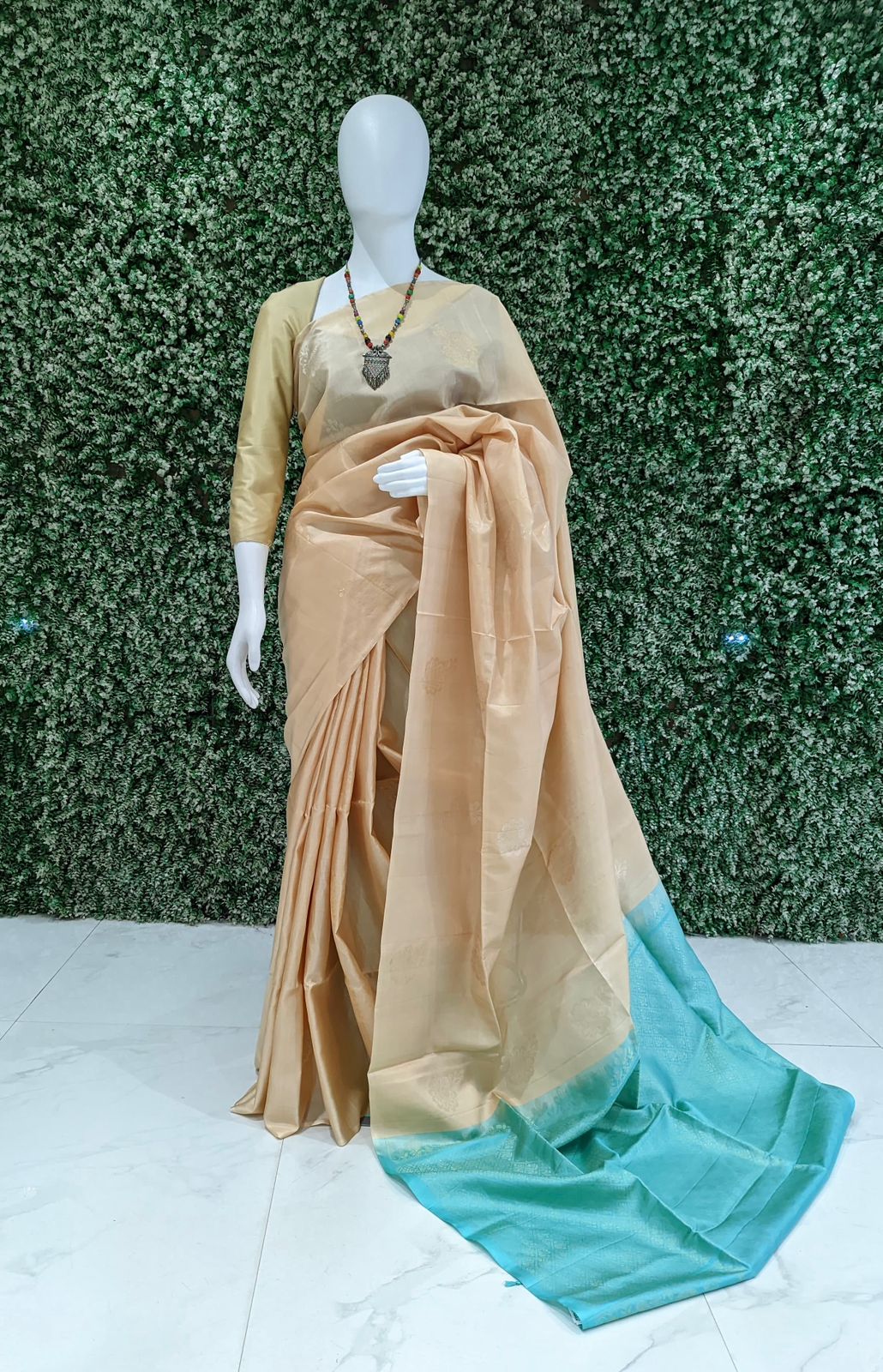 Sea Green With Beige Pure Kanjivaram Soft Silk Saree