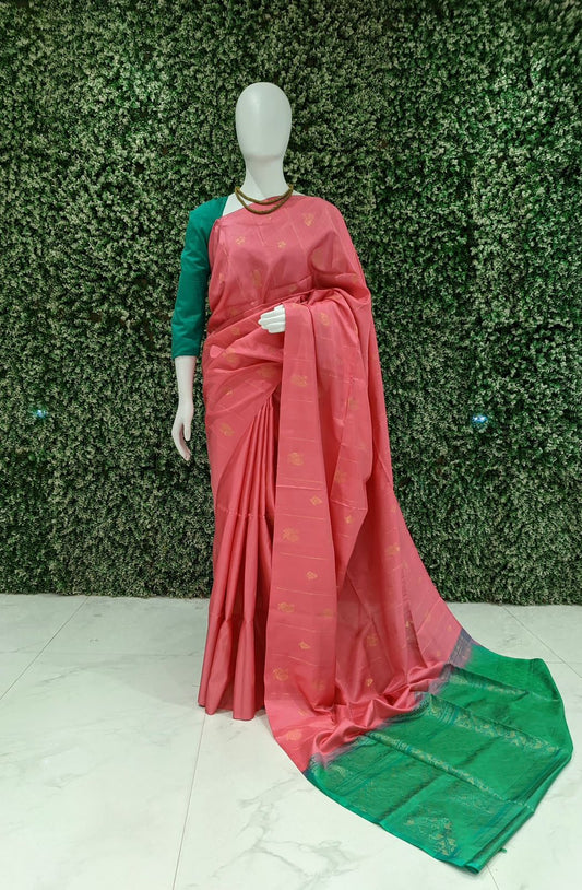 Pink With Green Pure Kanjivaram Soft Silk Saree