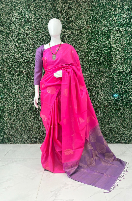 Pink With Lavender Pure Kanjivaram Soft Silk Saree