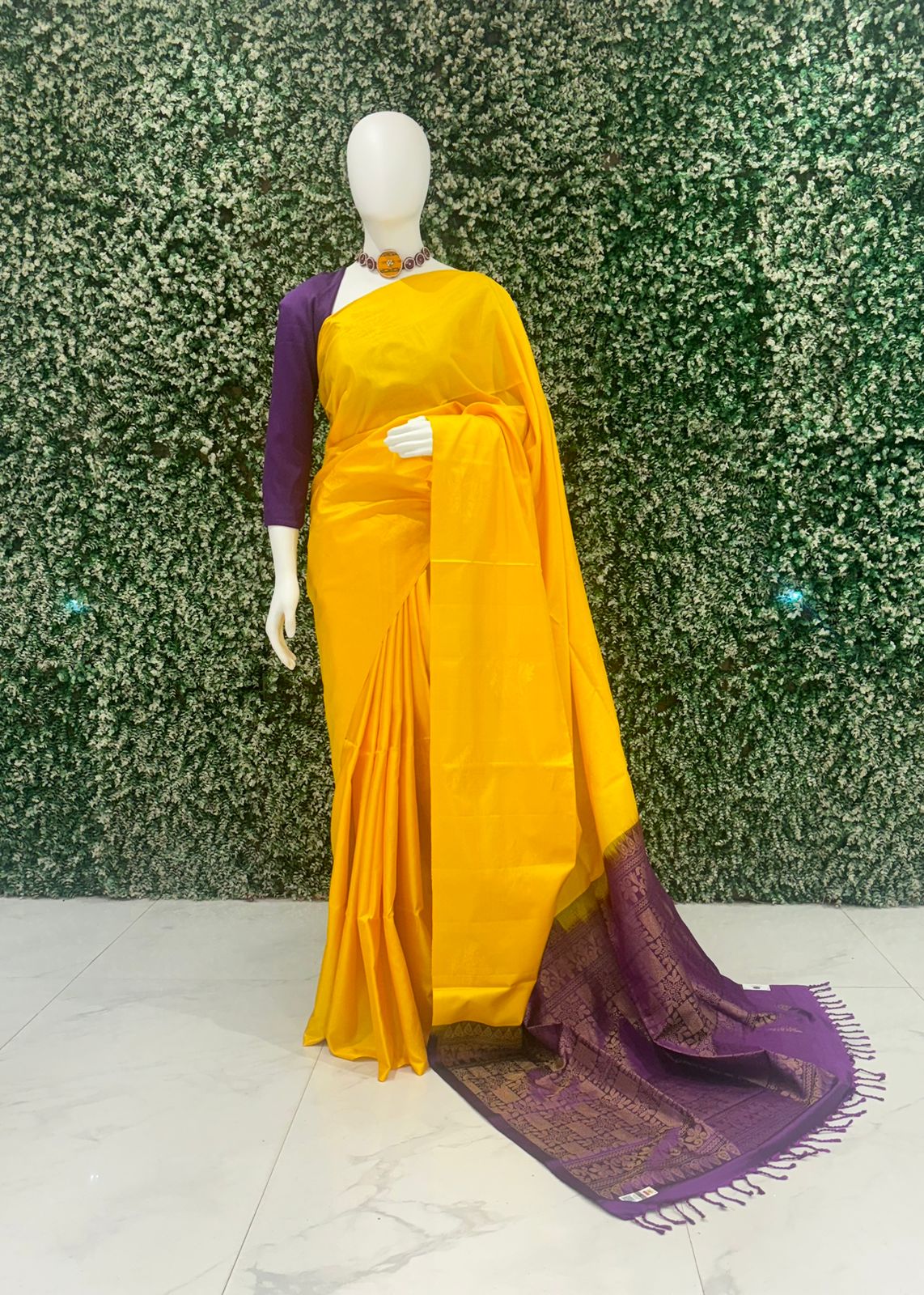 Yellow With Purple Pure Kanjivaram Soft Silk Saree