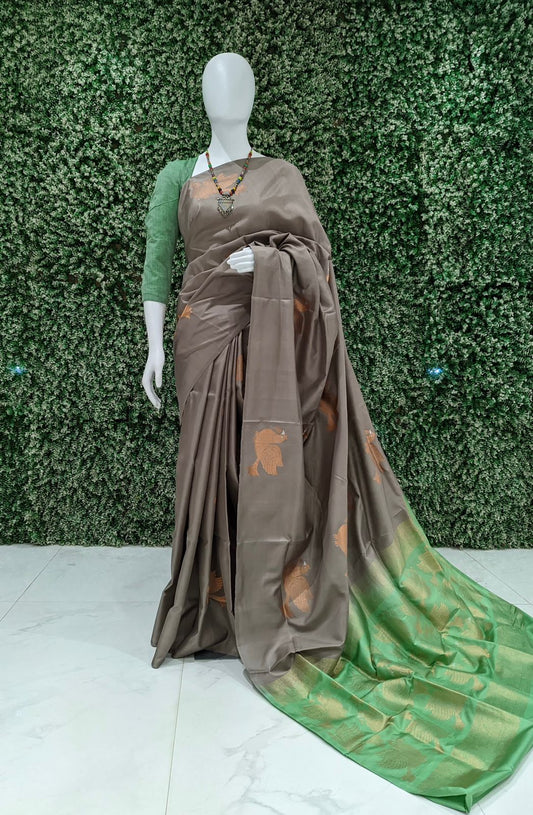 Grey Bird Theme Kanjivaram Soft Silk Saree