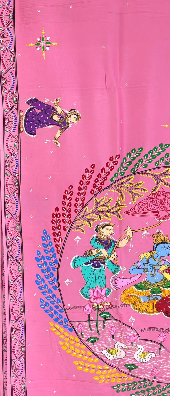 Pink Krishna Rasa Leela Theme Pattachitra Khadi Silk Saree