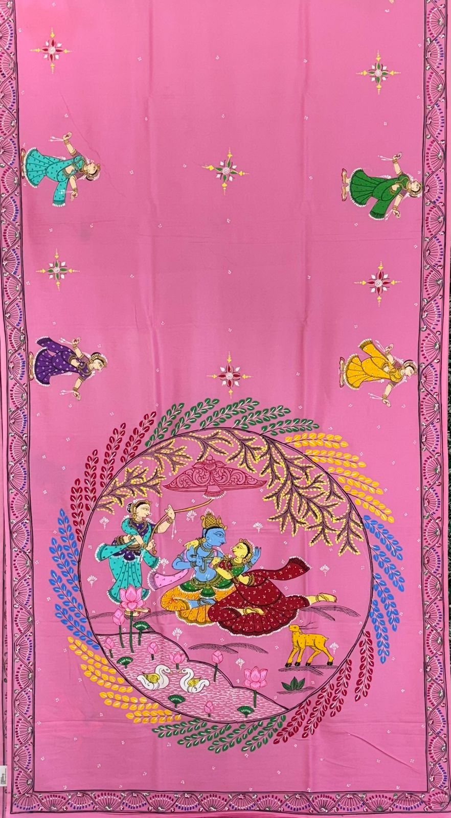 Pink Krishna Rasa Leela Theme Pattachitra Khadi Silk Saree