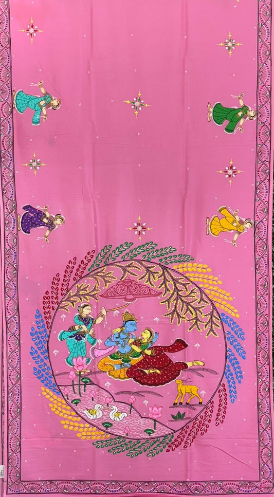 Pink Krishna Rasa Leela Theme Pattachitra Khadi Silk Saree