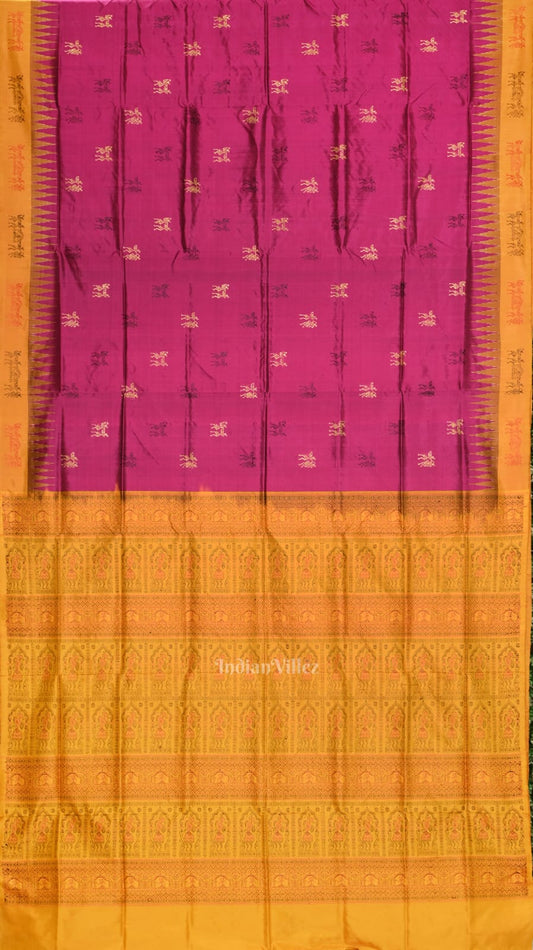 Magenta Pink with Mustard Yellow Tribal Theme Bomkai Sambalpuri Silk saree