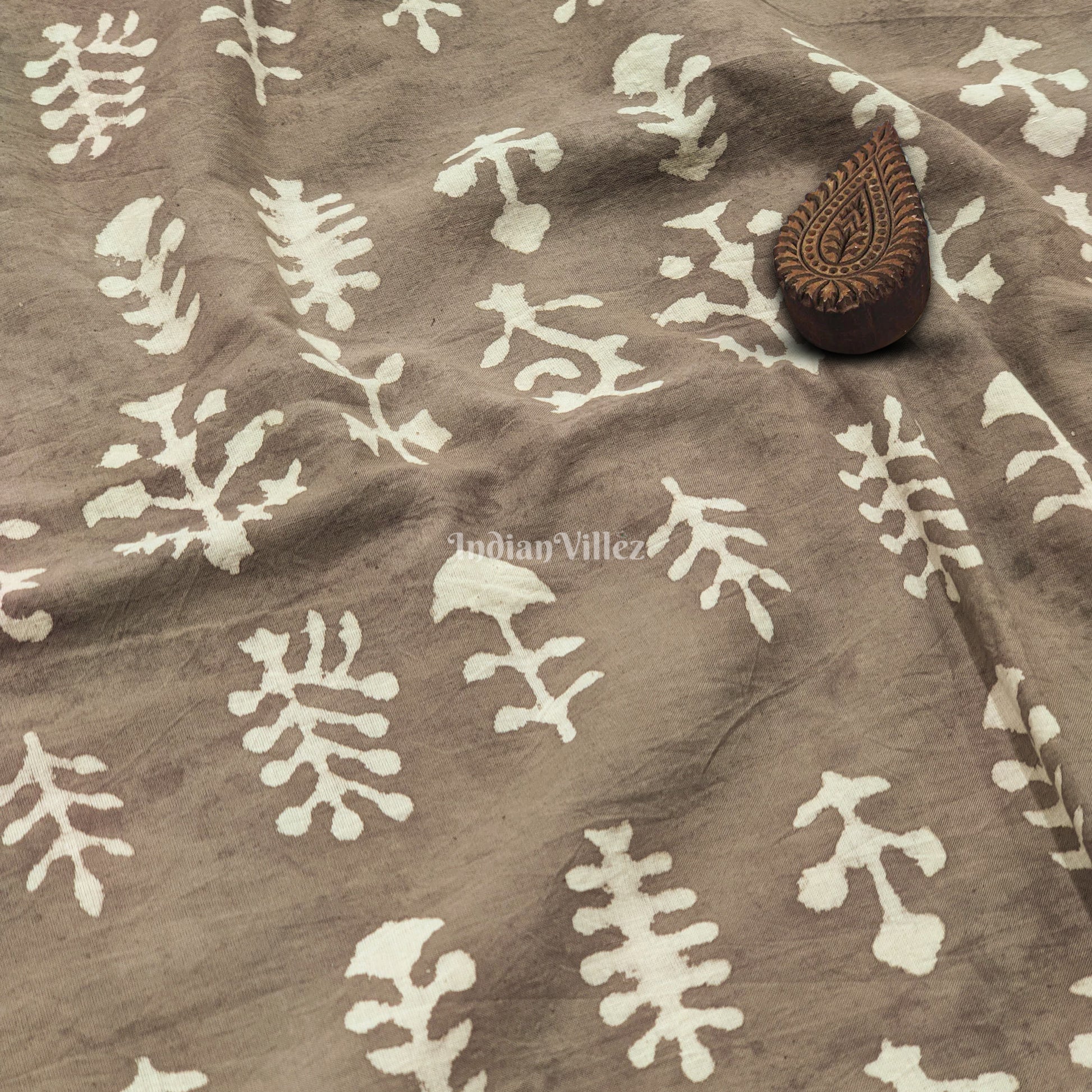 Gray Floral Hand Block Printed Cotton Fabric