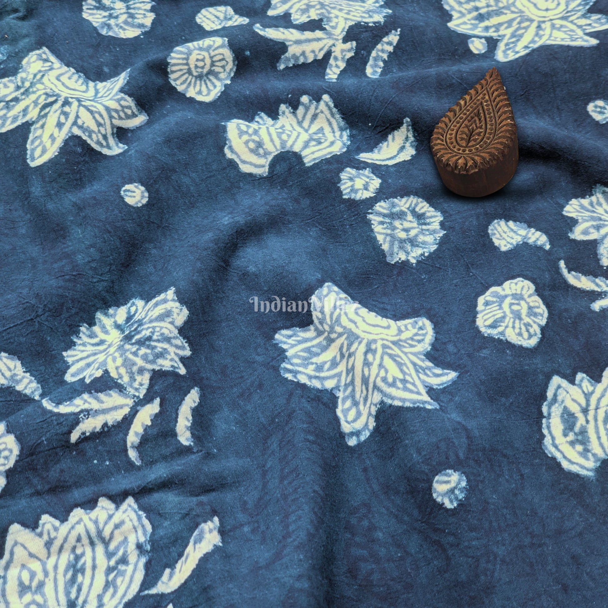 Dark Blue Floral Hand Block Printed Cotton Fabric