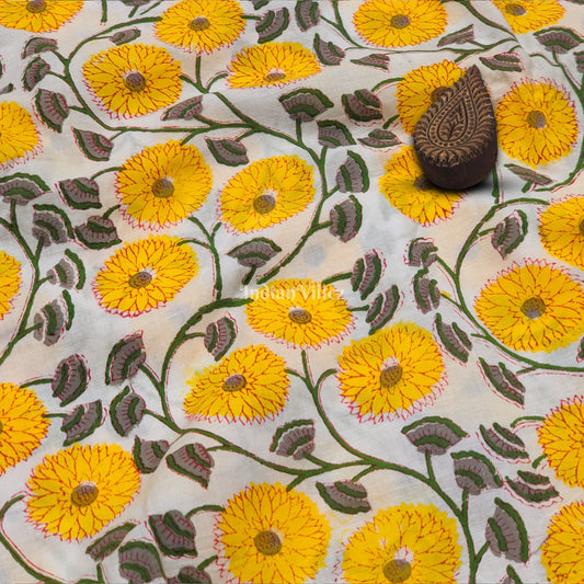 Yellow Flower Motif Hand Block Printed Cotton Fabric