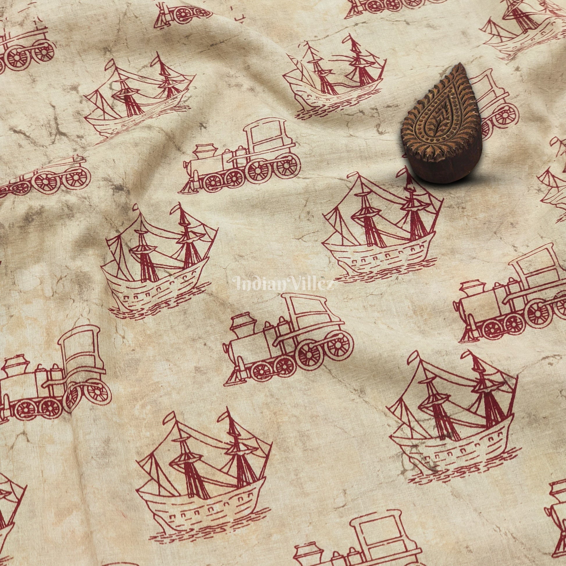 Cream Hand Block Motifs Printed Cotton Fabric