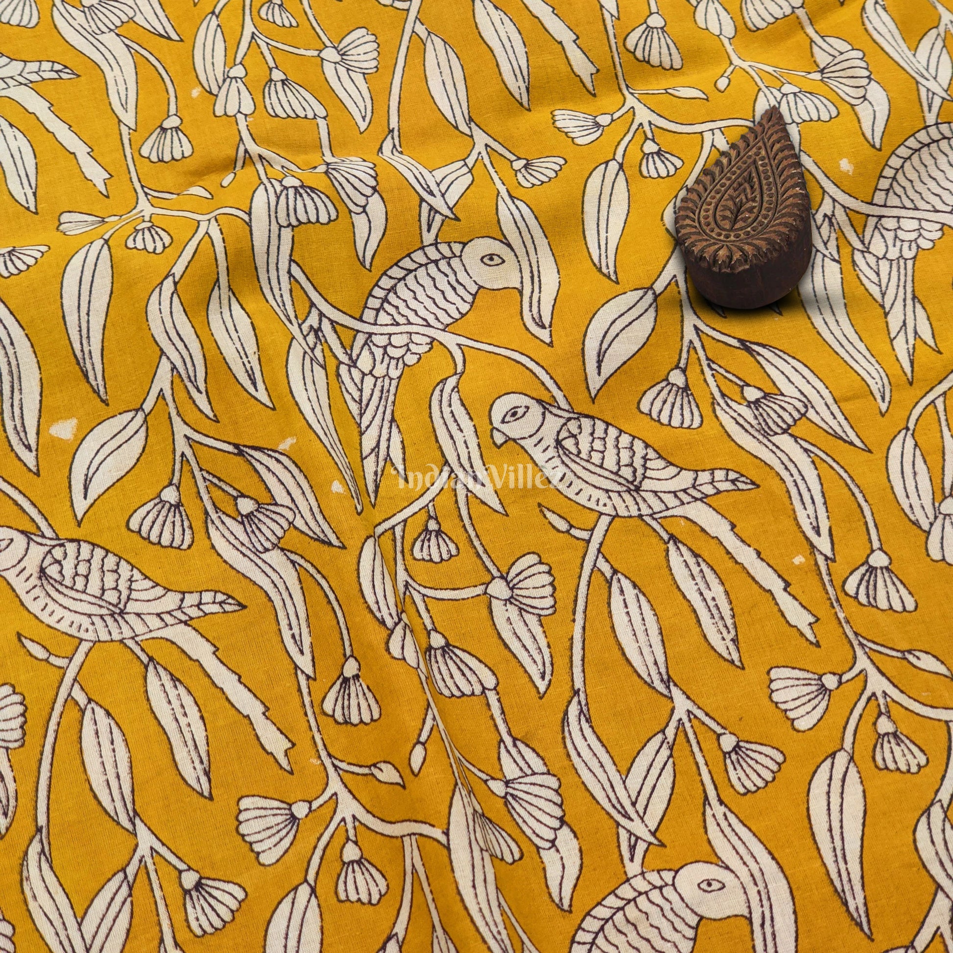 Mustard Hand Block Motifs Printed Cotton Fabric