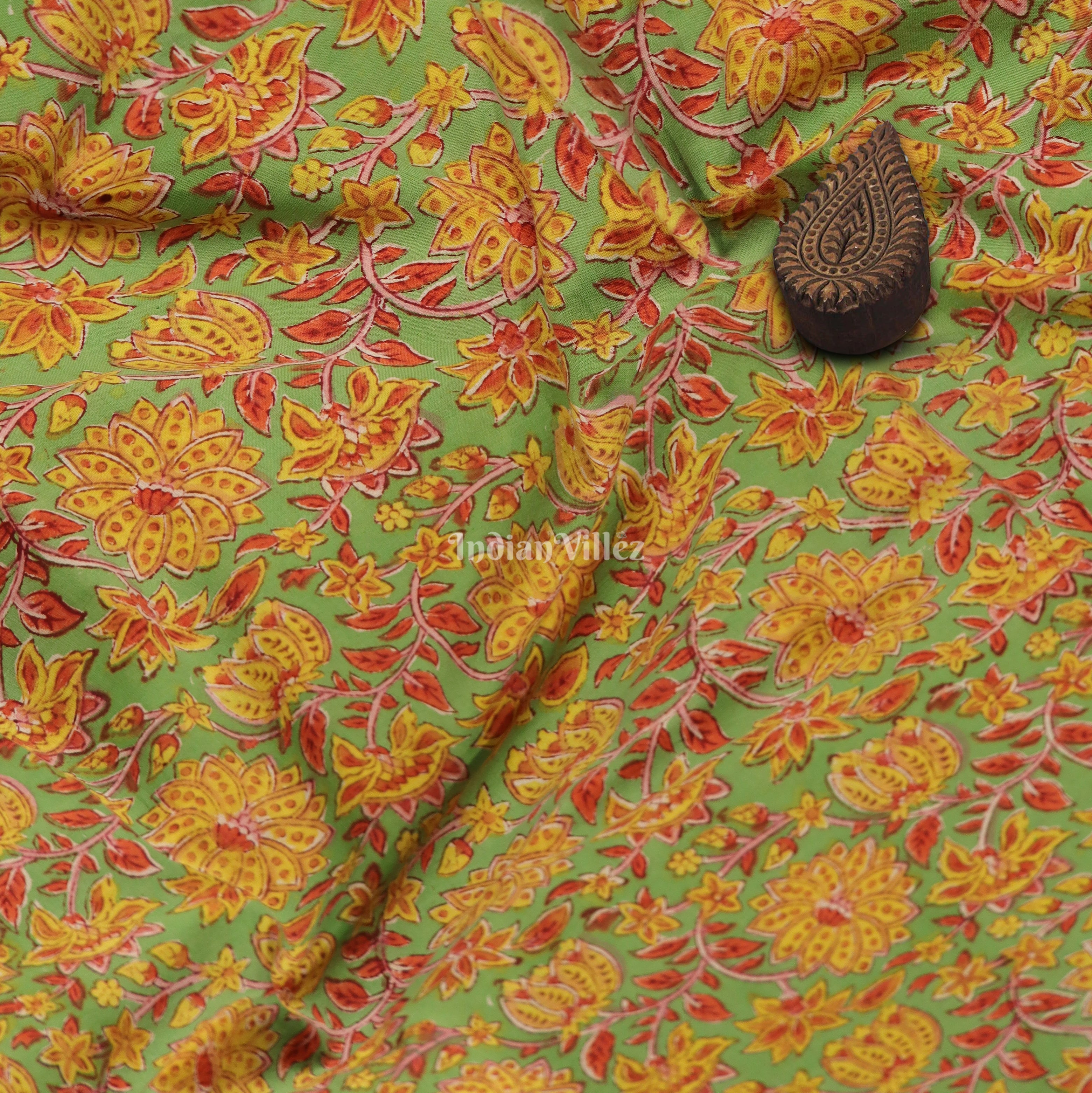 Yellow Green Floral Hand Block Printed Cotton Fabric