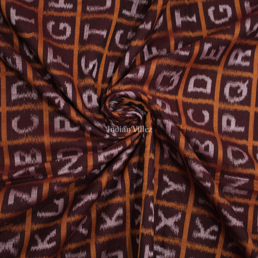 Coffee brown  With White English Alphabet Design Sambalpuri Ikat Cotton Fabric