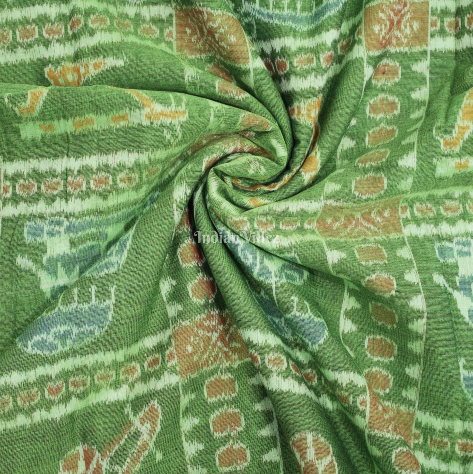 Green Elephant Design Sambalpuri Ikat Cotton Fabric