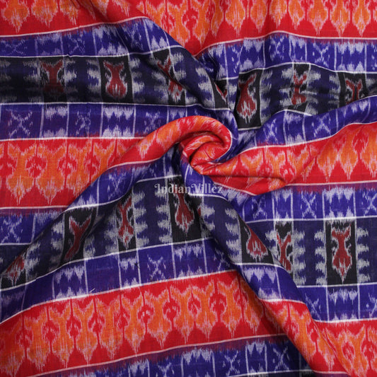 Red Blue Fish Motif Sambalpuri Ikat Cotton Fabric