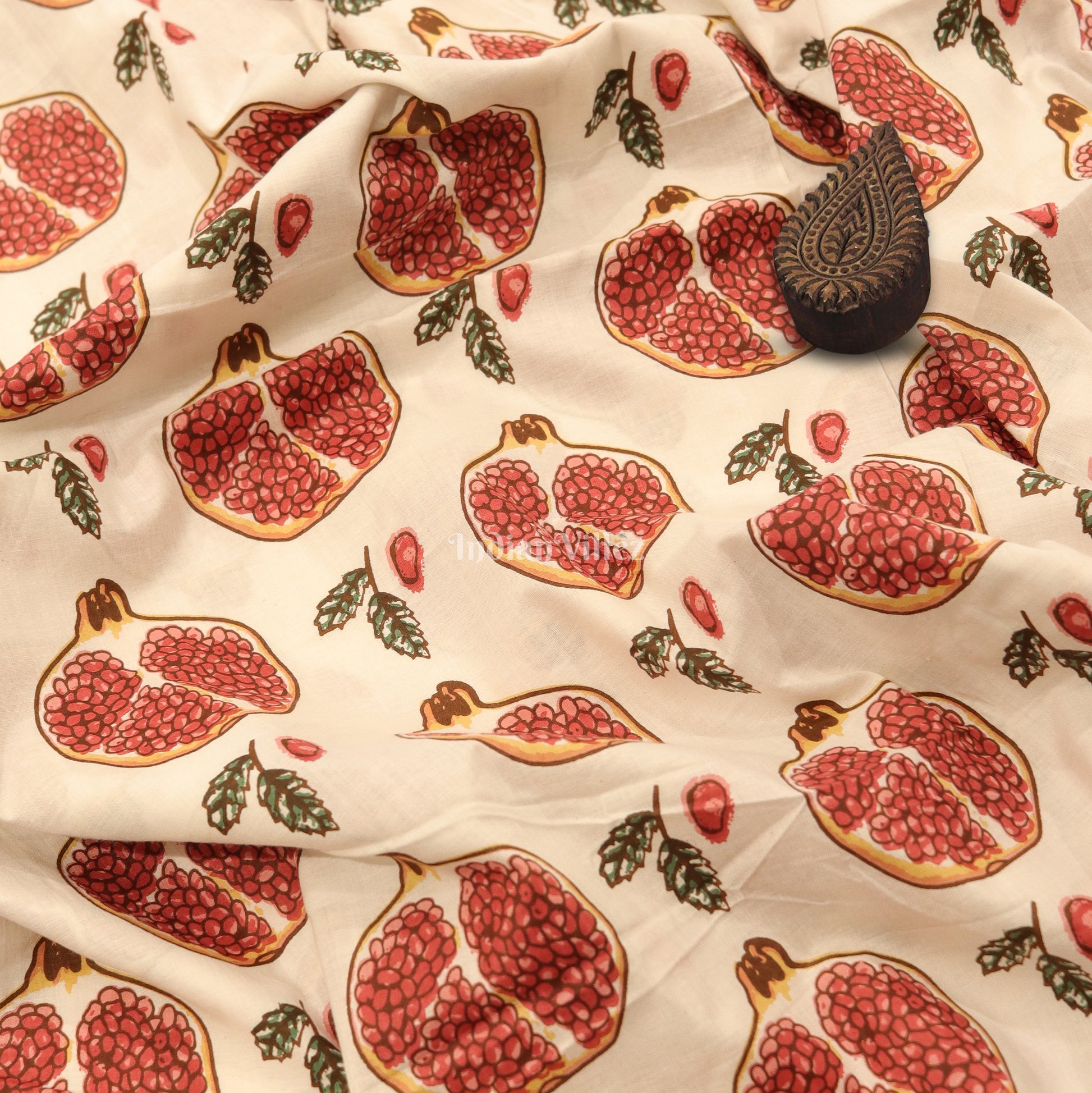 White Red Pomegranate Theme Hand Block Printed Cotton Fabric