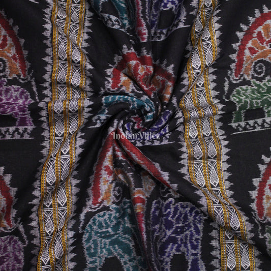 Black Elephant Design With Fish Motif Sambalpuri Ikat Cotton Fabric