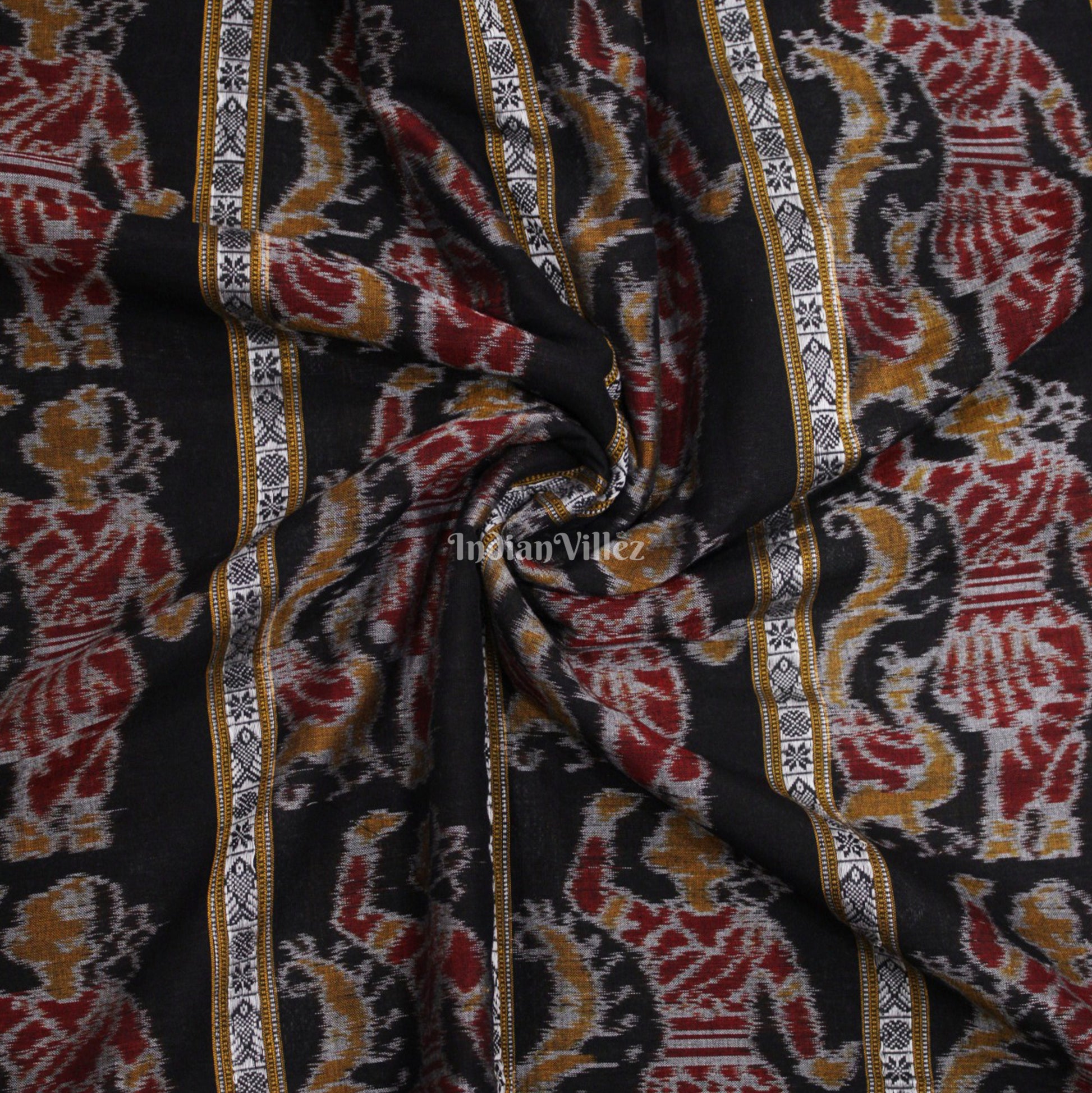 Black Nartaki With Fish Motif Sambalpuri Ikat Cotton Fabric