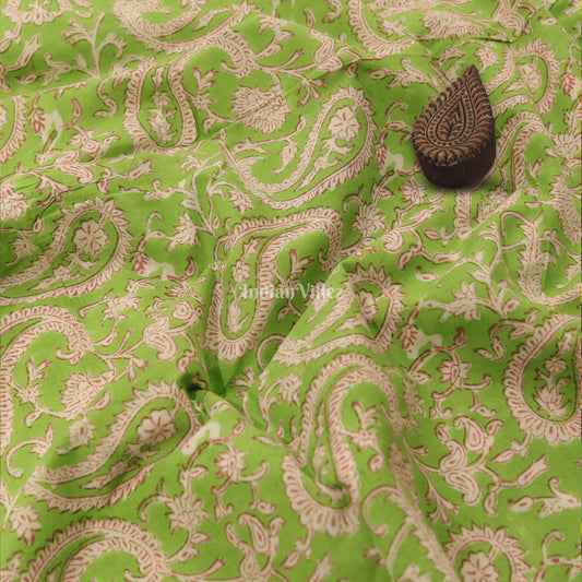 Green Floral Hand Block Printed Cotton Fabric