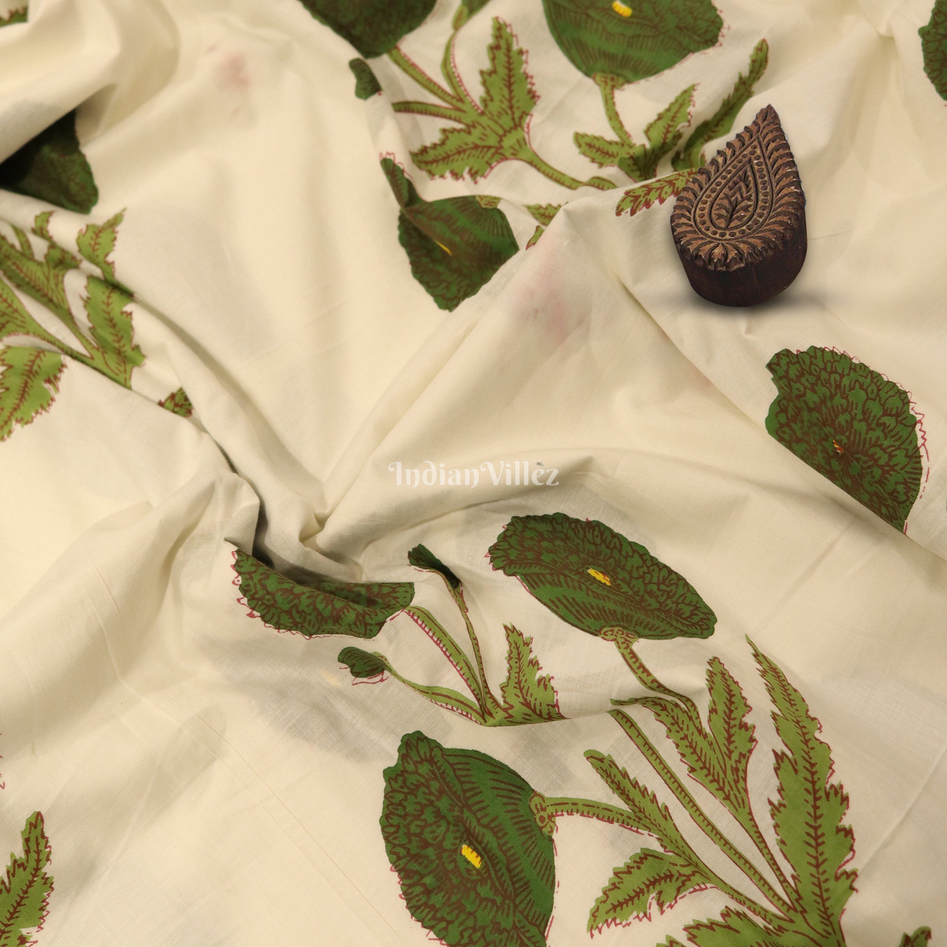 White Green Flower Motif Hand Block Printed Cotton Fabric