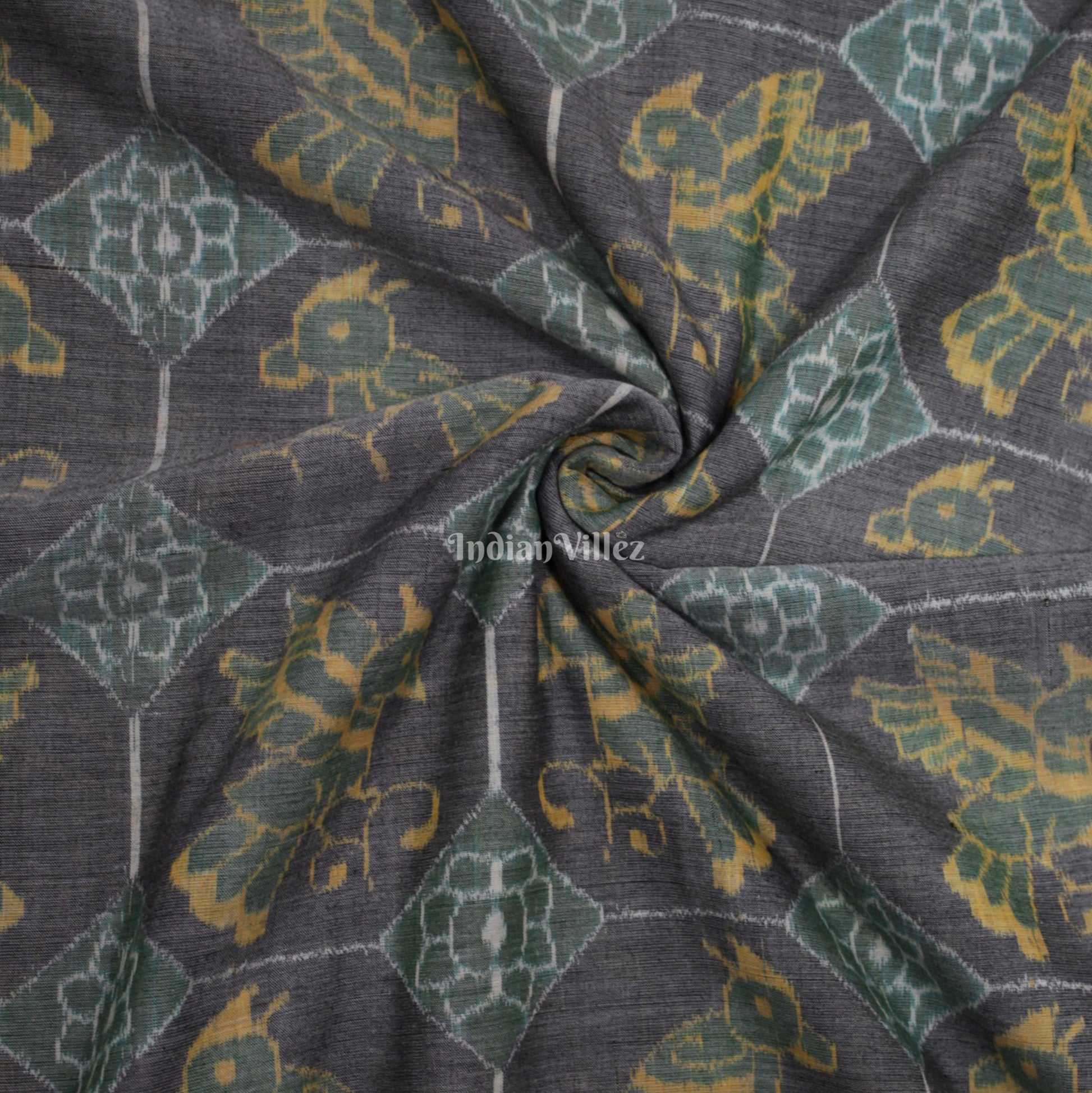 Green Yellow Bird Design Sambalpuri Ikat Cotton Fabric