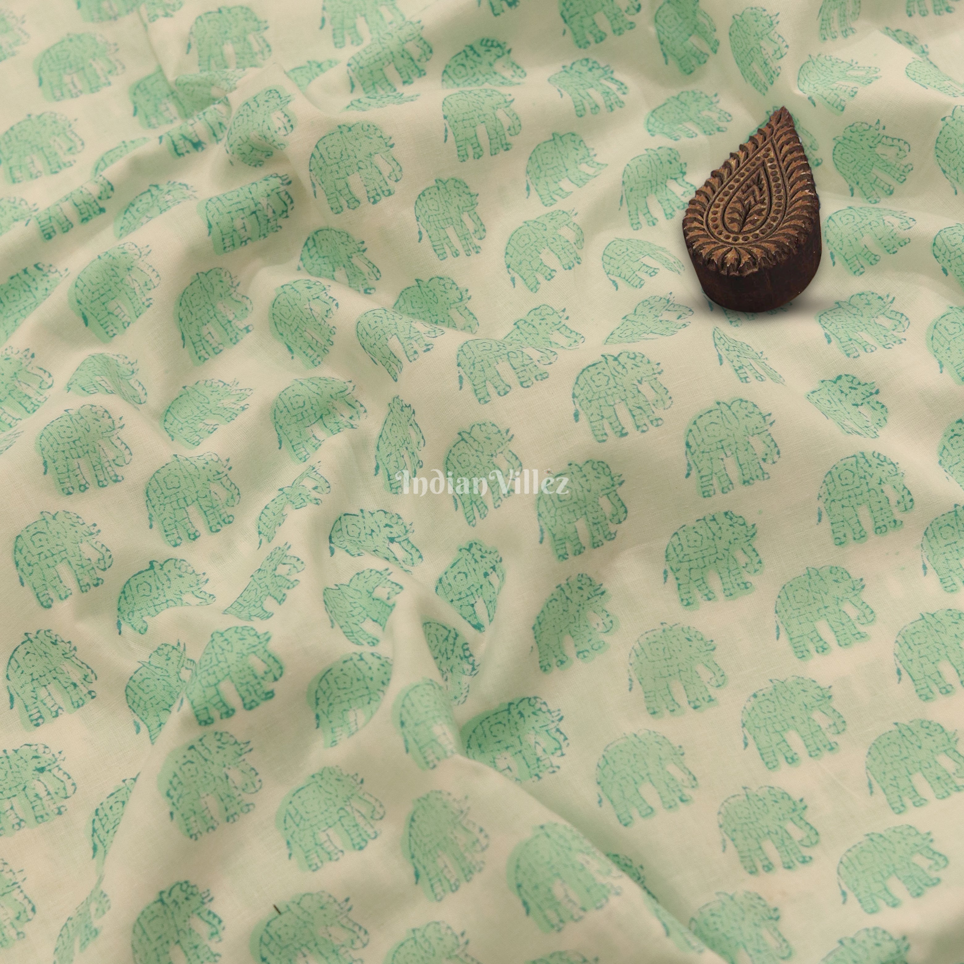 White Green Elephant Hand Block Printed Cotton Fabric