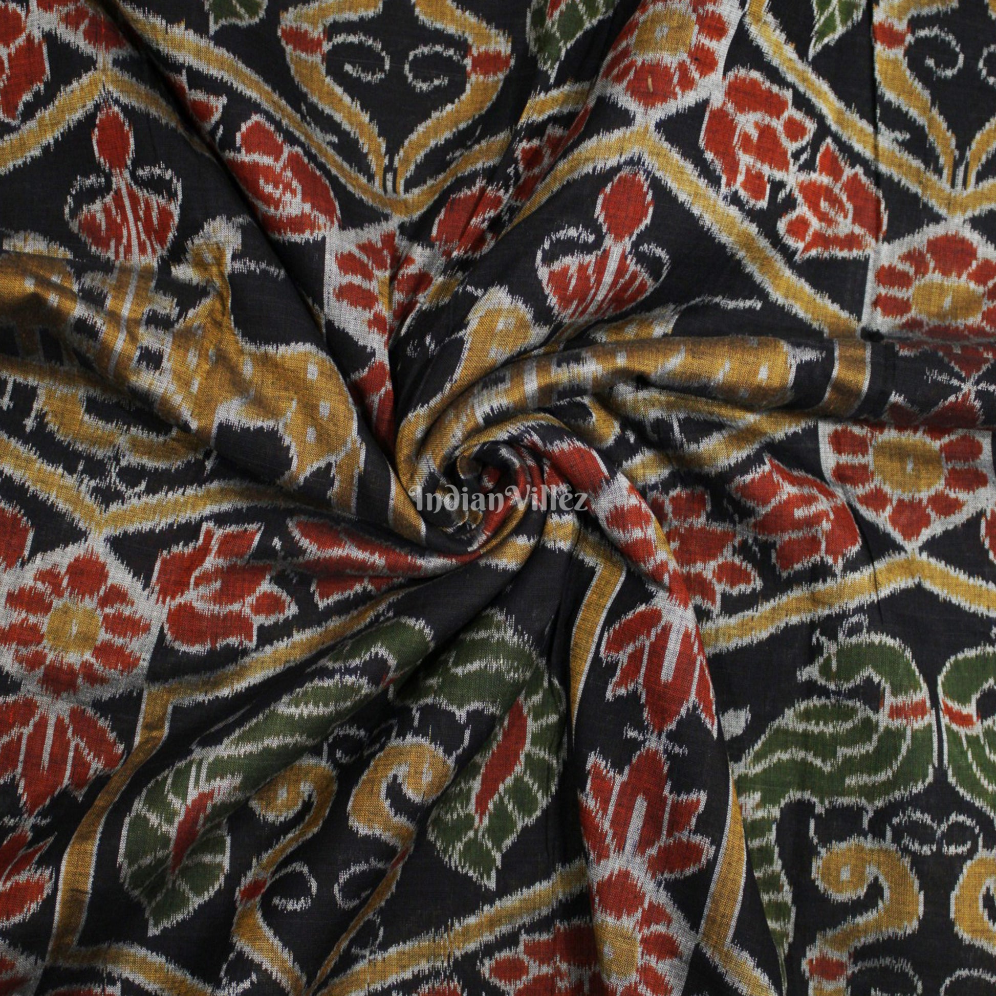 Black Yellow Deer Design Sambalpuri Ikat Cotton Fabric