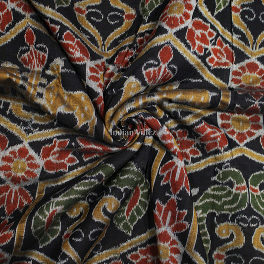 Black Yellow Deer Design Sambalpuri Ikat Cotton Fabric