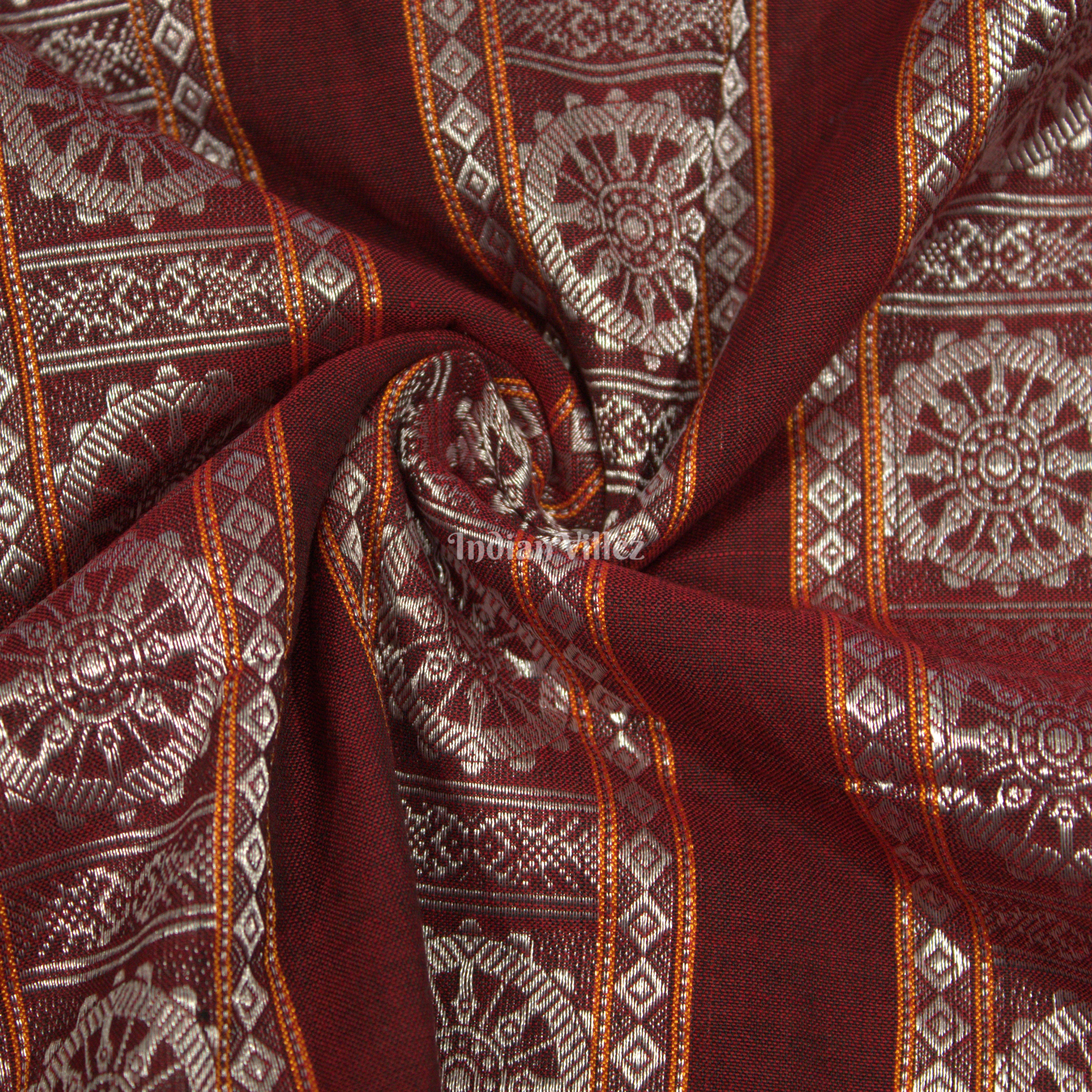 Maroon Konark Chakra Theme Odisha Ikat Cotton Fabric