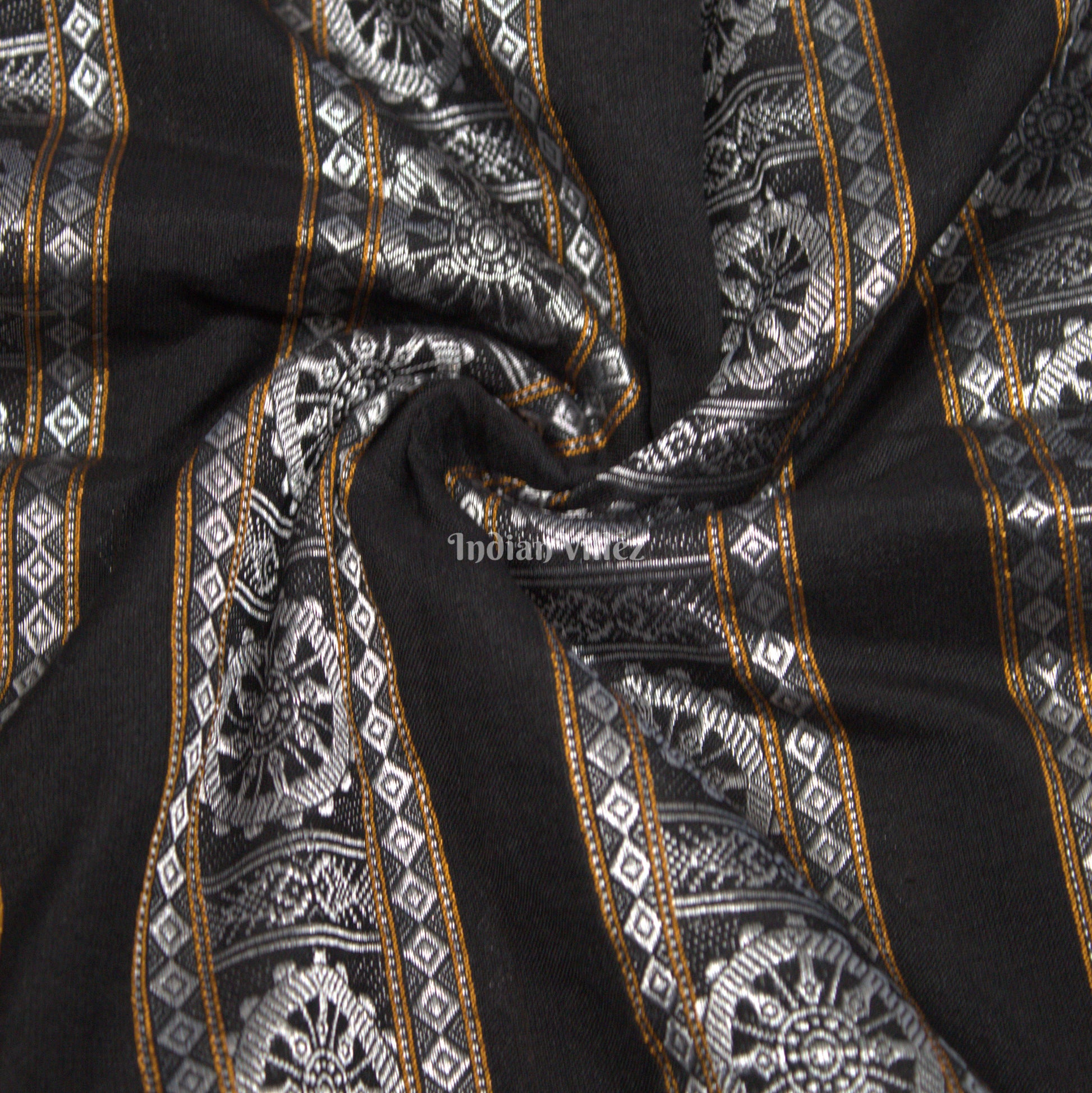 Black Konark Chakra Theme Odisha Ikat Cotton Fabric