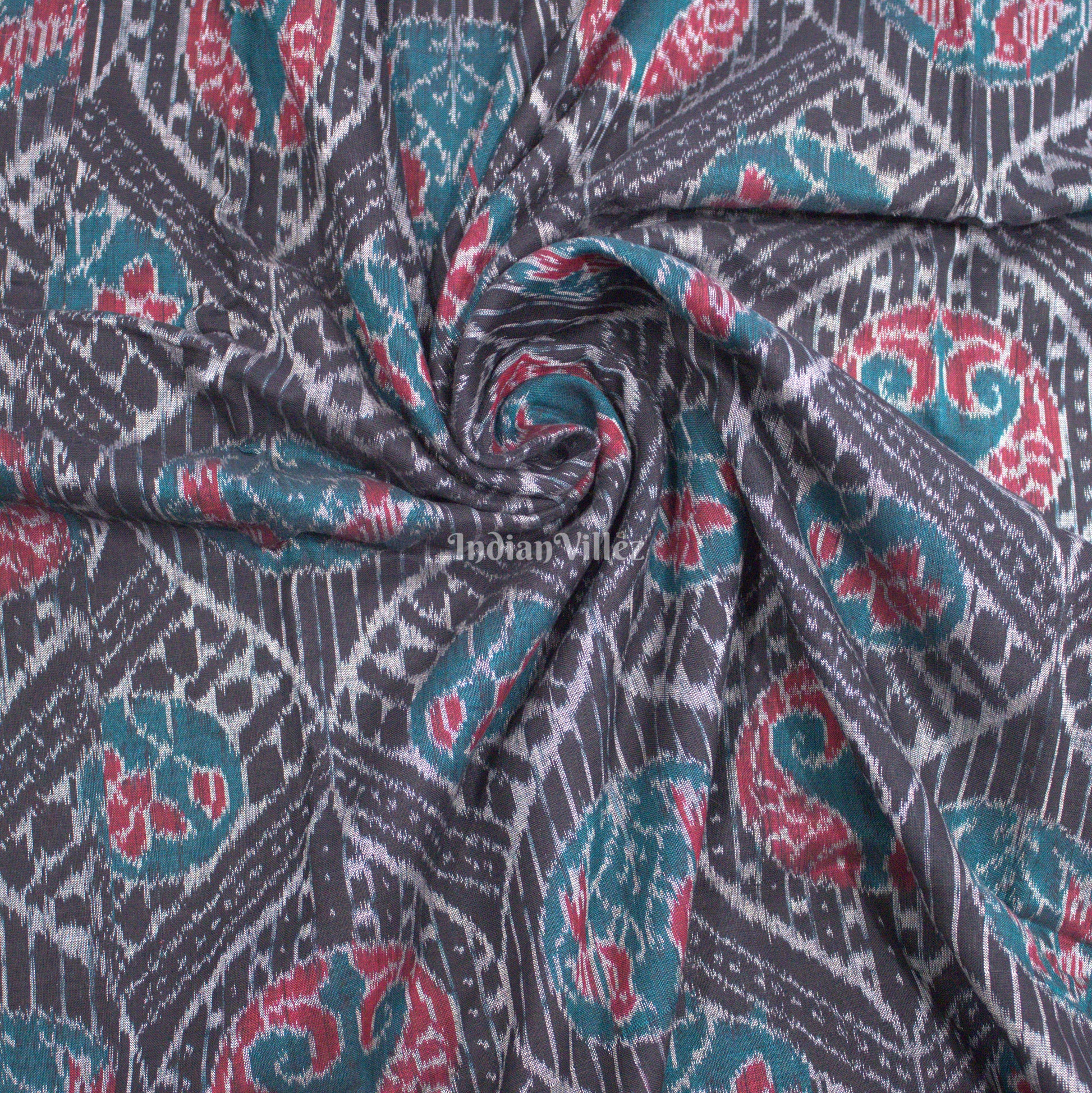 Black With Spiral Fish Motif Sambalpuri Ikat Cotton Fabric