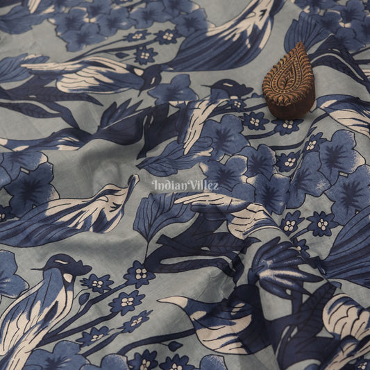 Blue Bird Theme Hand Block Printed Cotton Fabric