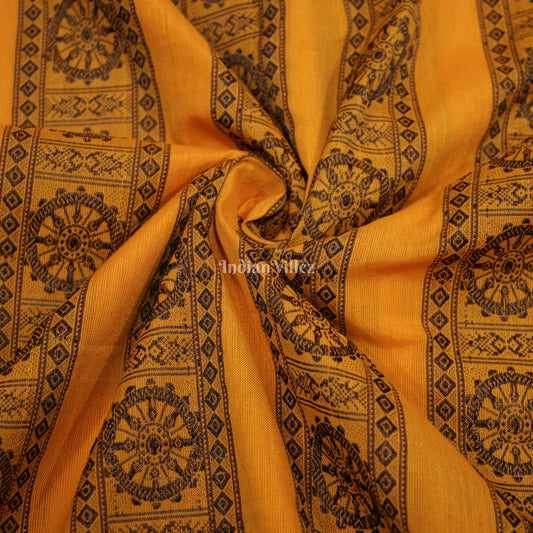 Yellow Konark Chakra Theme Odisha Ikat Cotton Fabric