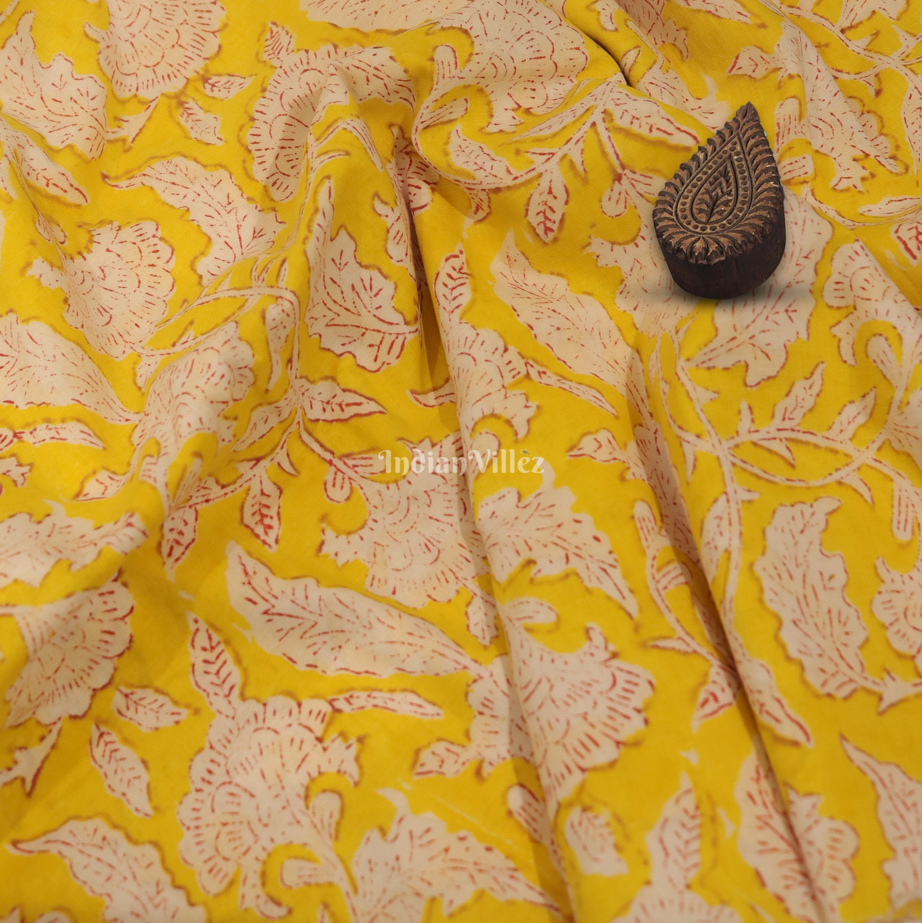 Yellow White Flower Motif Hand Block Printed Cotton Fabric