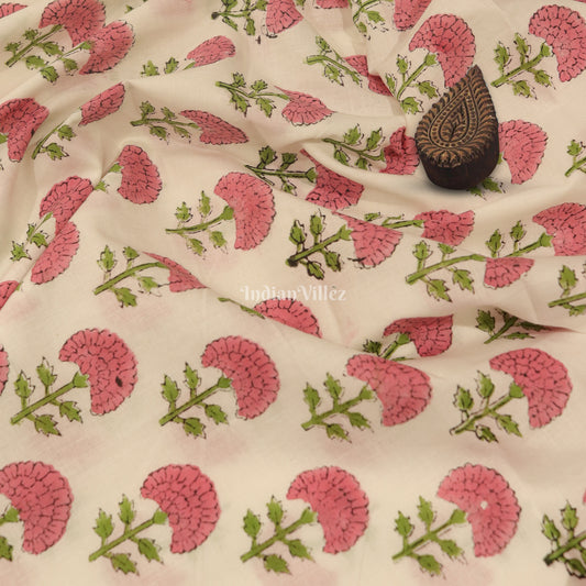 White Pink Flower Motif Hand Block Printed Cotton Fabric