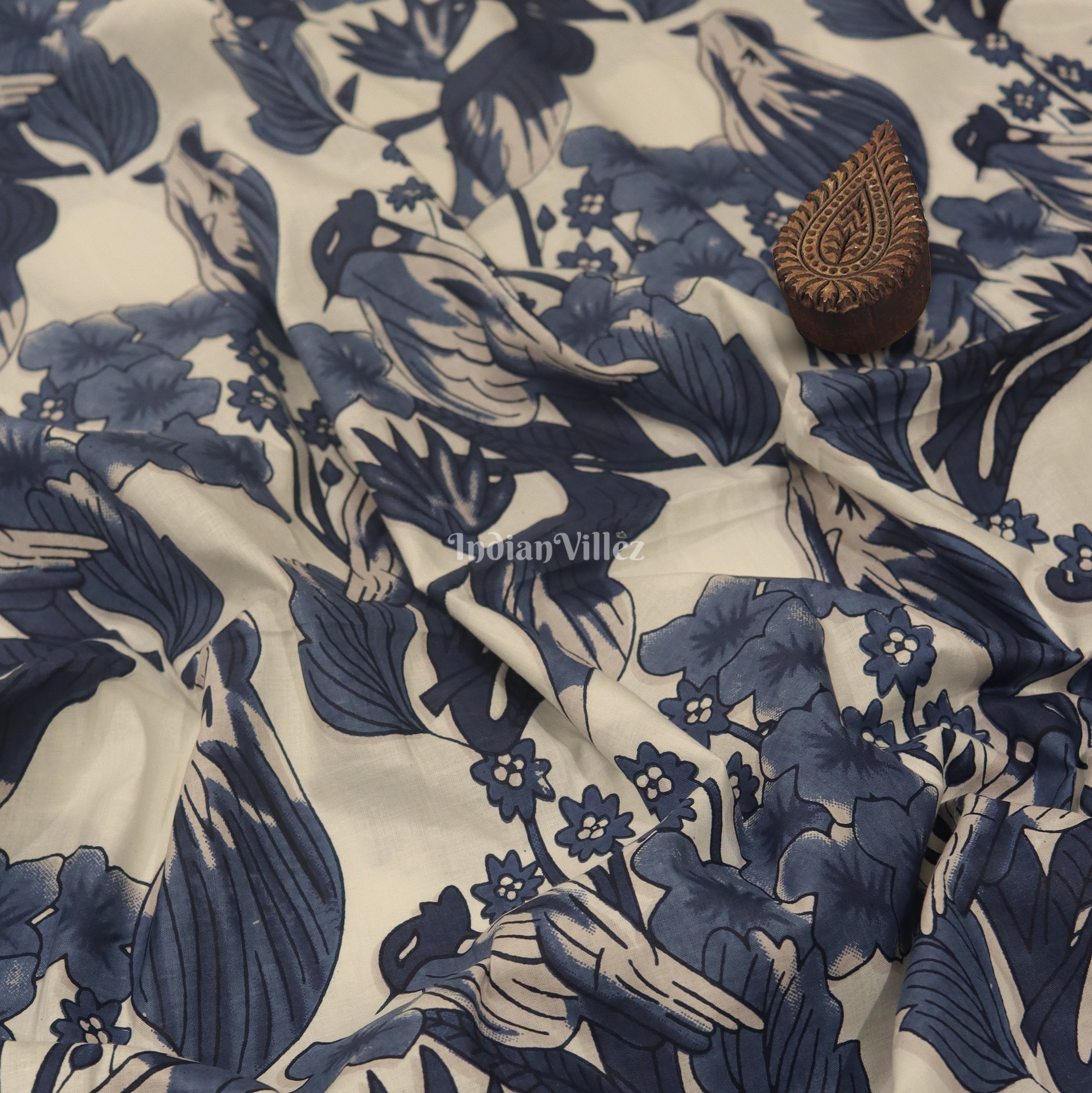 White Blue Bird Hand Block Printed Cotton Fabric – IndianVillèz